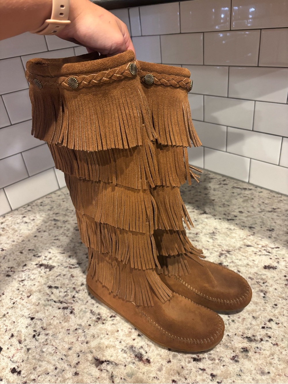 Minnetonka Chestnut Suede Layered Fringe Over-the-Knee Boots